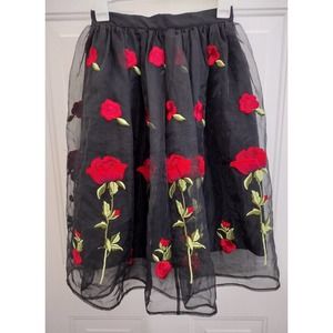 Forever 21 Black &Red Rose Sheer Embroidered Skirt Small